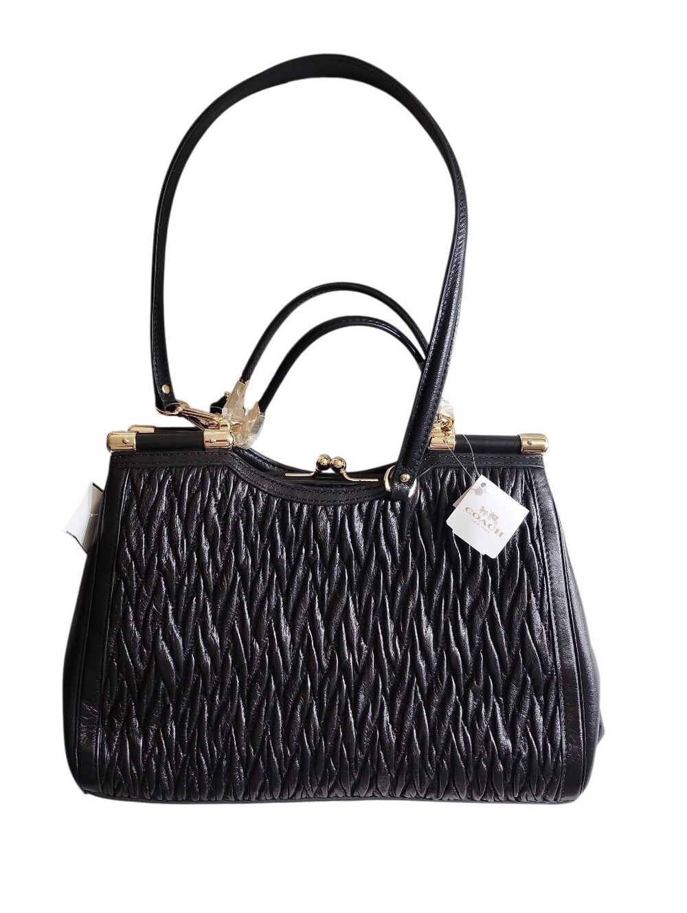 Coach Y2K  Madison Carrie Kisslock Black Twisted Leather Satchel Handbag